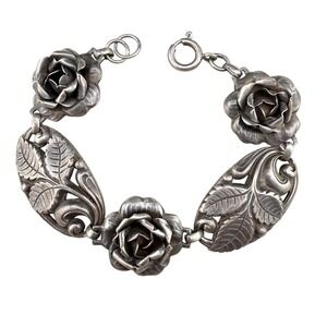 Vintage Sterling Silver Floral Link Bracelet Rose Leaf Design Circular Spring Cl